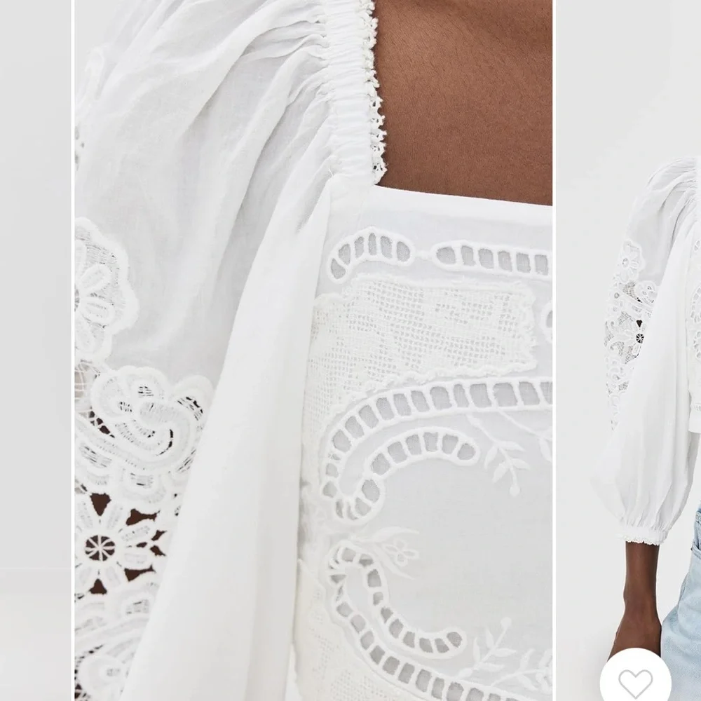 FARM Rio White Eyelet Puff-Sleeve Cropped Blouse